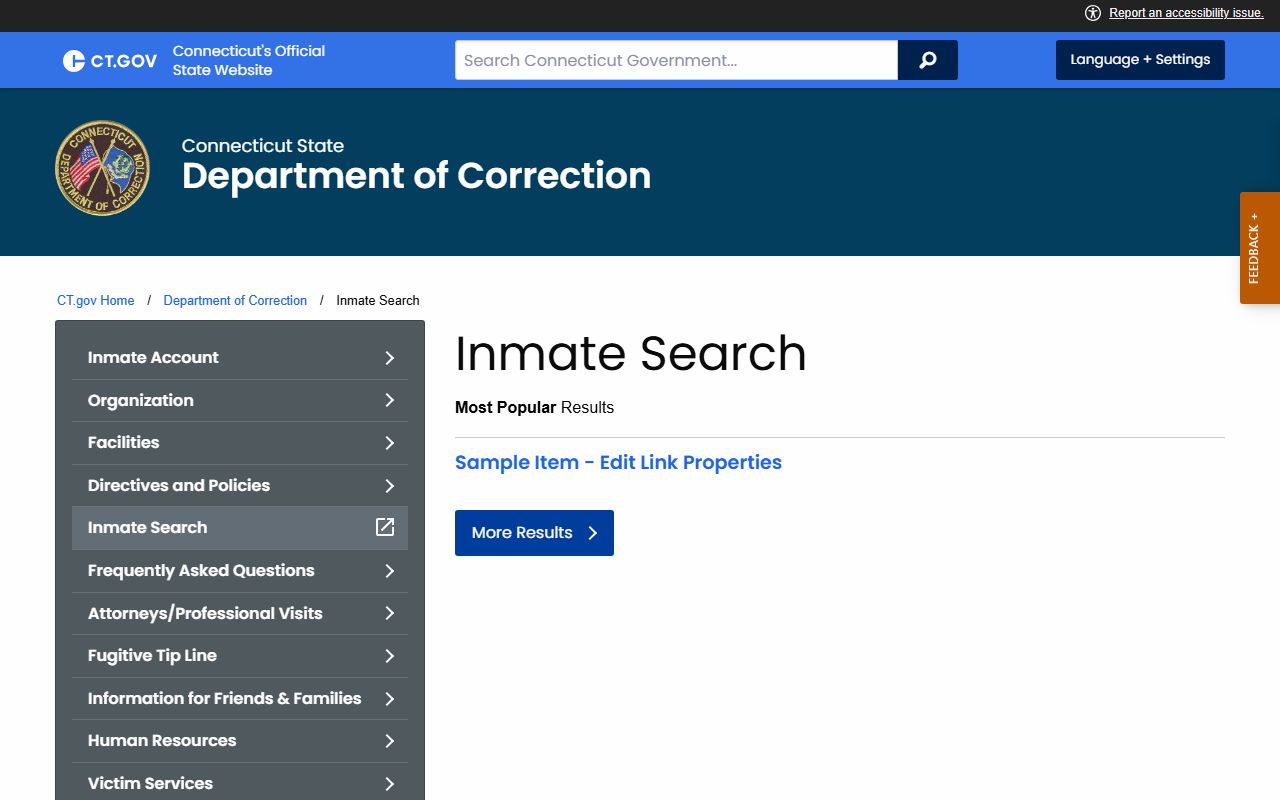 West Hartford inmate records CT DOC inmate search page
