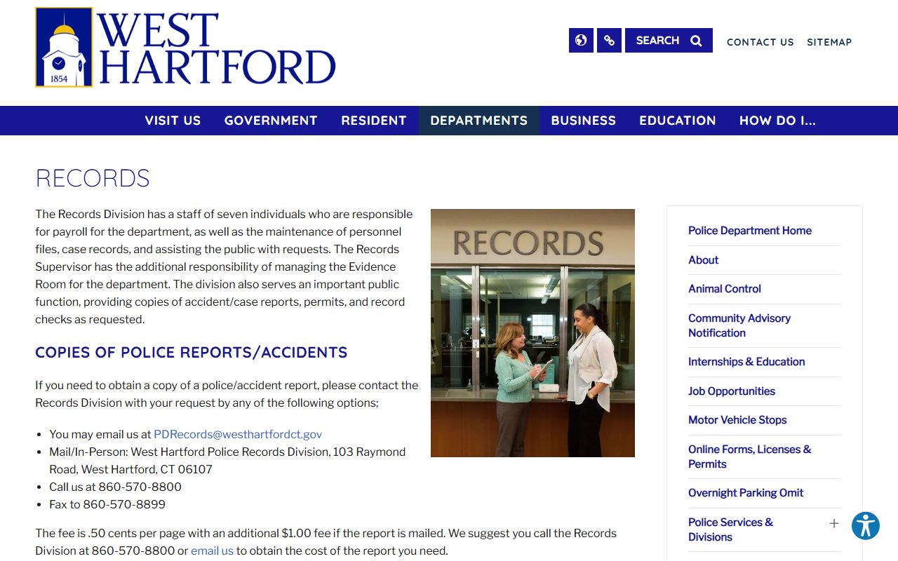West Hartford jail mugshots WHPD records request page